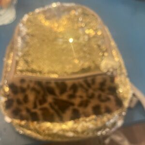 Gold Sequin Backpack with Leopard Accent